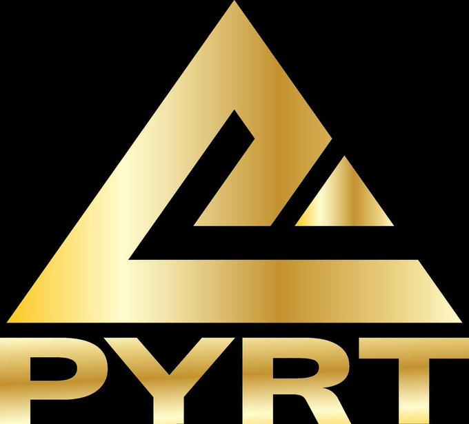 A gold and black logo featuring a triangular emblem above the text "PYRT" is displayed, likely representing the PYRT token referenced in the giveaway post, which promotes purchasing and holding the token via pyrank.com or Uniswap for a chance to win 300 USDT.