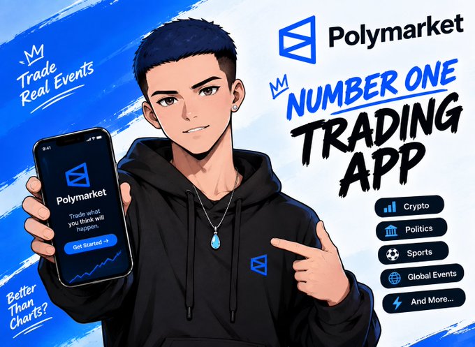 An anime-style promotional graphic for 'Polymarket', advertised as the 'NUMBER ONE TRADING APP' with categories like Crypto, Politics, Sports, and Global Events.