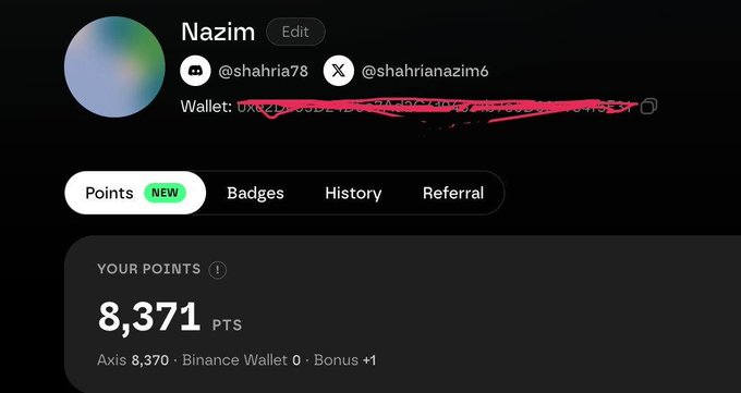 A user profile screen for 'Nazim' (@shahria78 / @shahrianazim6) showing 8,371 points earned from Axis, with the wallet address redacted.