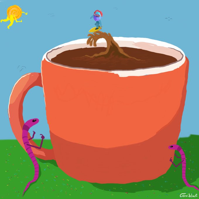 A whimsical digital painting of a giant orange coffee mug filled with soil like a planter, with a small blue bird perched on a dead branch, a smiling sun, and purple lizards climbing the sides, signed 'Cerriblat'.