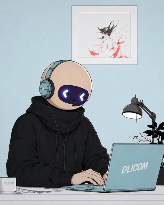 An illustration of a round-headed character wearing headphones and a black hoodie types on a laptop labeled "DLICOM," with a matching mug and a framed anime-style art print on the wall behind.