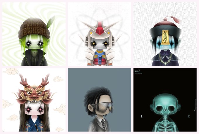 A grid of six digital character avatars including a green-haired figure with a beanie, a mecha-style robot with red accents, a character in a dark hat with a talisman, a figure with a deer/dragon mask, a person wearing goggles, and a green skeleton X-ray image.