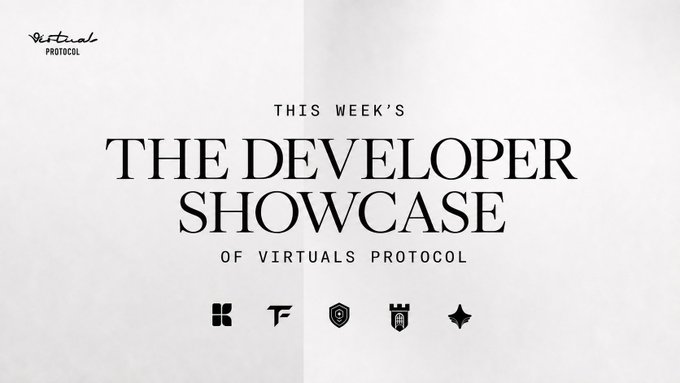The image is a promotional banner for "This Week's Developer Showcase of Virtuals Protocol," featuring the Virtuals Protocol logo in the top left and five project icons displayed below the text. The banner aligns with the accompanying post by announcing a weekly showcase highlighting five developer projects built using Virtuals Protocol's EconomyOS across areas like agent finance, DeFi, and robotics.