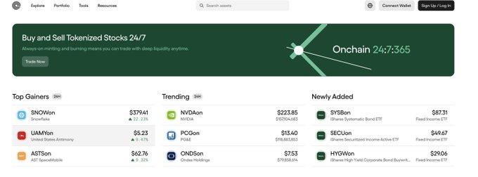 A screenshot of a tokenized assets trading platform showing a promotional banner for "Onchain 24/7:365" alongside market data including top gainers like SNOWon ($37.61, +22.33%) and UAMYon ($5.23, +9.47%), trending assets such as NVDAnon ($223.85) and PXGon ($13.40), and newly added ETFs including SYSBon ($87.31) and RECon ($49.67). The image visually supports the post's claim about the RWA supercycle by displaying real-time trading metrics for tokenized stocks and ETFs, reinforcing the narrative of 24/7 onchain access to traditional financial assets with $ONDO (featured in the post) tied to the broader tokenization trend.