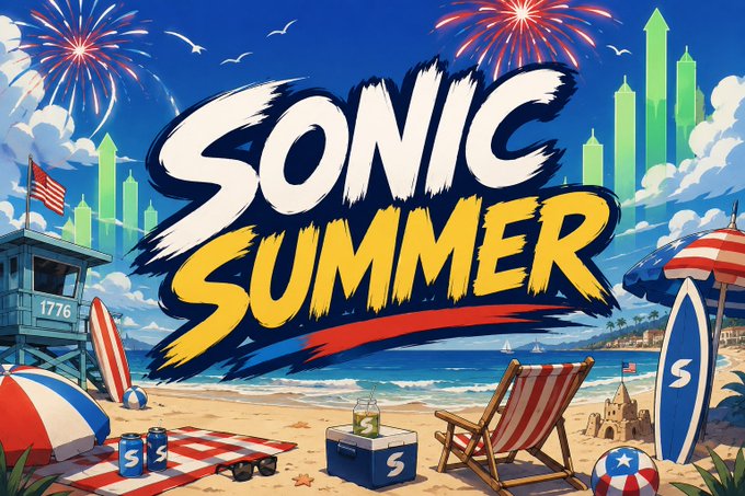 A vibrant promotional graphic titled 'SONIC SUMMER' featuring a beach scene with fireworks, American flag, lifeguard tower, beach chair, surfboard, and stock chart arrows in the background.