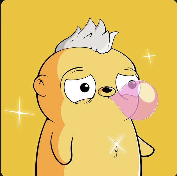 A cartoon illustration of a yellow chick-like character with white spiky hair blowing a large pink bubblegum bubble against a sparkly yellow background.