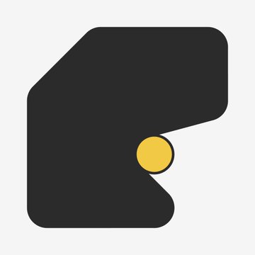 A simple logo icon consisting of a black geometric shape resembling a folded card or letter 'R' with a yellow circular accent, on a light gray background.