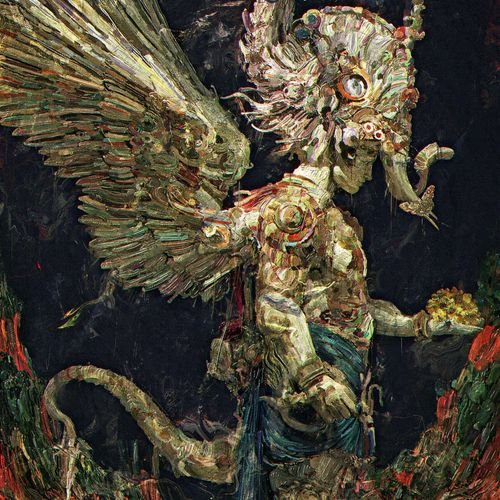 A highly textured, dark painting depicts a mythical, monstrous creature with feathered wings, a crown-like head, and a long, serpentine tail.