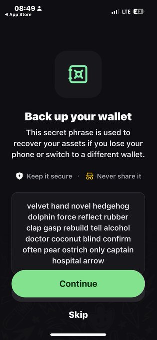 A mobile phone screen displays a 'Back up your wallet' screen with a secret recovery phrase and a green 'Continue' button.