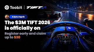 A promotional graphic for Toobit's $3M TIFT 2026 cryptocurrency trading competition featuring the "Kriptio Cupis" team badge, showing a racing driver cockpit with city lights in the background. The image reinforces the post's team-based racing competition theme, highlighting the early registration bonus of up to $30.