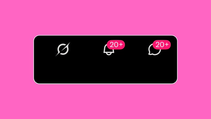 The image shows a black message bubble on a pink background displaying three icons: an eye-with-slash symbol (indicating hidden story view counts) followed by two profile icons each with pink "20+" notification badges. This visualizes the creator's excitement from returning to find their story has received over 20 views on Moonpay S2, capturing that satisfying moment of seeing engagement from a published story.