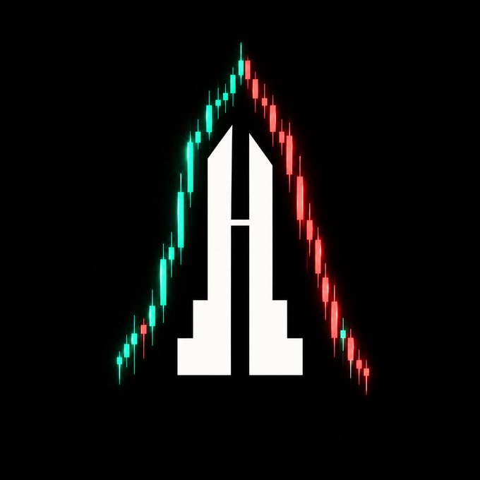 A stylized graphic featuring a white letter 'A' or monument-like shape surrounded by green and red candlestick trading chart patterns on a black background.