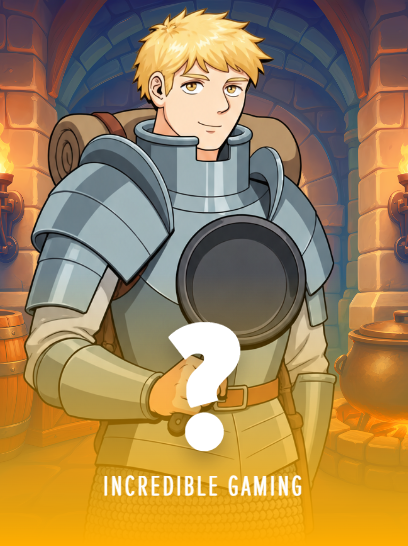 The image shows a blonde-haired anime knight in armor holding a large question mark, with "INCREDIBLE GAMING" text below, symbolizing the mystery and excitement of an upcoming giveaway. This ties directly to the post's teaser for a $50 prize giveaway requiring participants to follow, retweet, and submit their USDC wallet address for a chance to win.