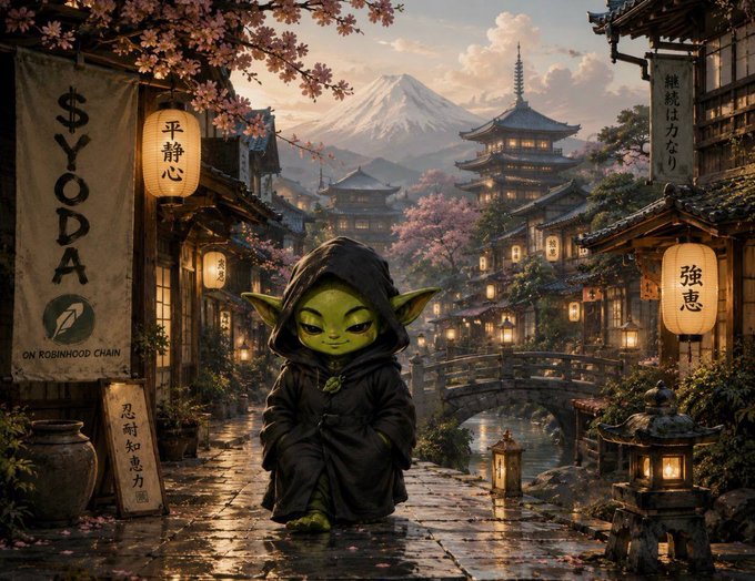 Digital artwork of a small green goblin-like creature in a black hooded robe standing on a wet street in a Japanese village with Mt. Fuji and a pagoda in the background; visible banners read 'GOKUDA' and feature Japanese characters including '平靜心' and '強意'.