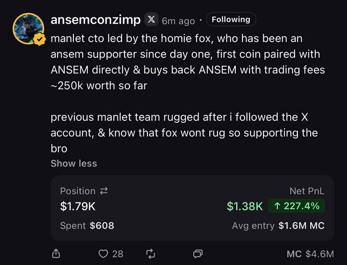The image shows a post from @ansemconzimp highlighting $MANLET as the first coin paired directly with $ANSEM, with the CTO ("fox") buying back ~$250k worth of $ANSEM using trading fees, showing a position of $1.79K (up 227.4% with $1.38K profit on $608 spent at a $1.6M entry market cap, now at $4.6M MC).