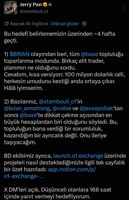 The image is a Turkish-language post by Jerry Pan (@stambouli_o1) addressing the Base community four weeks after missing a target, responding to backlash over his continued involvement with the Base team, and announcing a summary page about o1.exchange with open DMs for feedback. It relates to the accompanying post by highlighting Jerry Pan's ongoing communication with the crypto community and his provision of support to projects, including initiatives like @mksvibe.