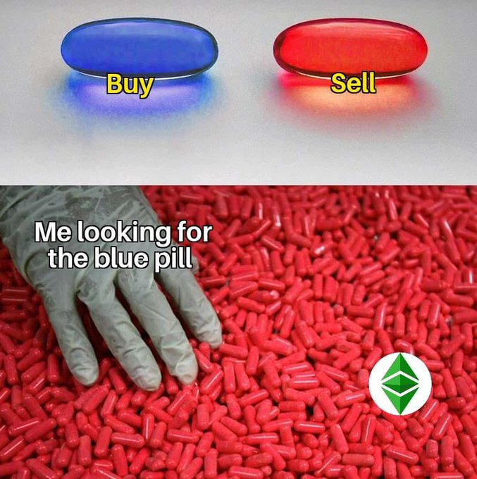 A meme depicting a blue 'Buy' pill and red 'Sell' pill, with the caption 'Me looking for the blue pill' as a gloved hand searches through a pile of red pills, featuring the Ethereum Classic logo.