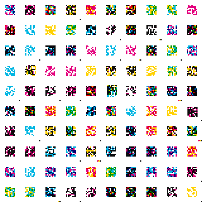 A large grid of small, colorful pixelated icons displayed in rows, each featuring abstract geometric patterns in bright colors on white backgrounds.