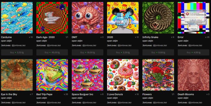 A grid of 12 vibrant, surreal NFT artworks for sale by 3onLovac (@onlovac.teqz), featuring bizarre imagery like a brain, an infinity snake, and 'Death Blooms' priced in tez.