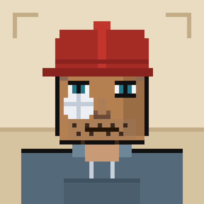 A pixel art portrait of a bearded man wearing a red hat and blue shirt, framed by corner brackets on a tan background.