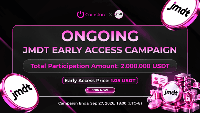 A promotional graphic for a 'JMDT EARLY ACCESS CAMPAIGN' by Coinstore x JMDT, advertising a total participation amount of 2,000,000 USDT and an early access price of 1.05 USDT, ending Sep 27, 2026.