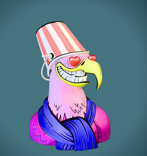 A surreal cartoon character resembling a pink flamingo or pelican wearing a red and white striped bucket hat, heart-shaped sunglasses, and a purple scarf, with a wide toothy grin.