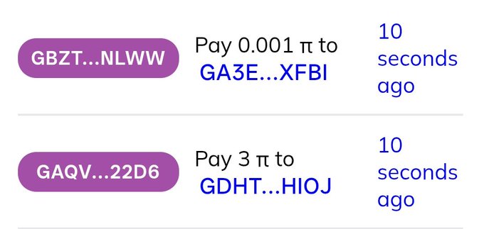 The image shows two recent transactions on the Pi Network Mainnet: a 0.001 π payment from GBZT...NLWW to GA3E...XFBI and a 3 π payment from GAQV...22D6 to GDHT...HIOJ, both occurring 10 seconds ago, demonstrating that the blockchain has resumed normal transaction activity after its approximately 15-hour halt.