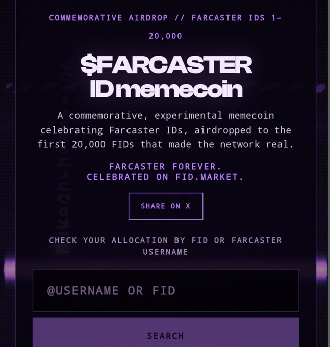 The image shows a dark-themed webpage announcing the "$FARCASTER IDmemecoin" commemorative airdrop for Farcaster IDs 1-20,000, with a search field to check allocation by username or FID at vibechain.com/fid. The page aligns with the post's announcement by Vibechain distributing $FARCASTER to the first 20,000 Farcaster users, inviting viewers to verify their eligibility.