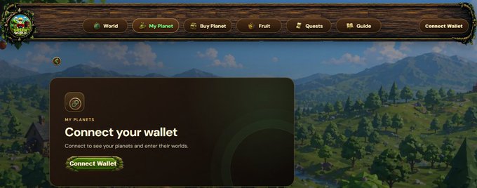 The image shows the Green World game interface with a "Connect your wallet" prompt, featuring navigation tabs for World, My Planet, Buy Planet, Fruit, Quests, and Guide. This relates to the announcement by providing a visual of where players need to connect their wallets to claim the mandatory in-game planet airdrop from the Green World team.