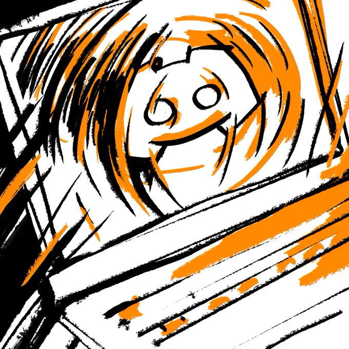 A rough digital sketch in black and orange of a character with long hair and a wide grin, holding what appears to be a large blade or weapon across the foreground.