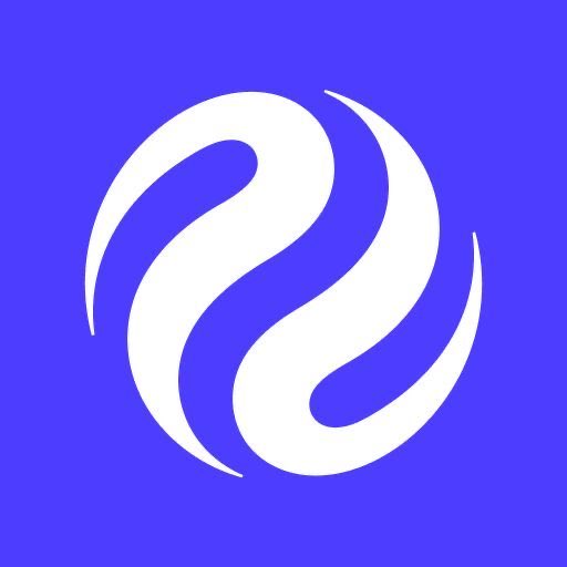 A logo featuring a stylized white bird or wave design on a purple background.
