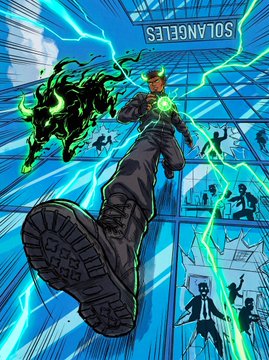 A dynamic comic-style illustration of a character in dark clothing running through an electric-blue environment with a green glowing gauntlet and signs reading 'SOVEREIGNS' and 'HUMANITY'.