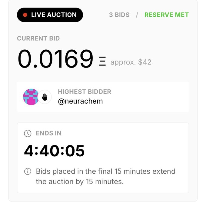 A live auction screen displays a current bid of 0.0169 (approx. $42), with 3 bids, a reserve met status, and the highest bidder as '@neurachem' with 4:40:05 remaining.