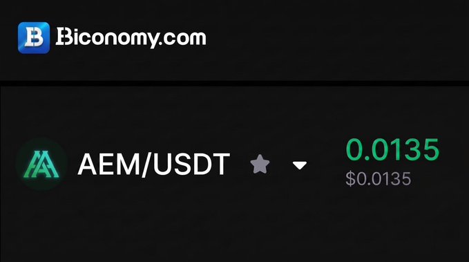 A screenshot from Biconomy.com showing the AEM/USDT trading pair with a price of $0.0135, indicating that the AEM token from the Athledium airdrop is already listed and tradable on the Biconomy exchange.