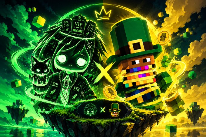 Vibrant crypto-themed artwork showing a green-eyed anime-style character with 'SOL' and 'ETH' text alongside a pixelated leprechaun-like figure with a green top hat, set against a green and yellow background with a crown and floating coins.