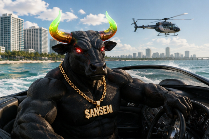 A muscular bull with glowing green-gold horns and a gold chain bearing the name "SANSEM" (a play on $ANSEM) drives a convertible boat alongside a helicopter, with a city skyline in the background—visually symbolizing the bullish energy and financial dominance behind the request to list the $ANSEM token on major exchanges.
