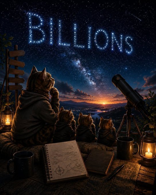 An illustrated scene shows four cats sitting together at a wooden table looking out at a starry night sky with the word 'BILLIONS' spelled out in glowing stars above the Milky Way, accompanied by a telescope, lanterns, and an open map book.