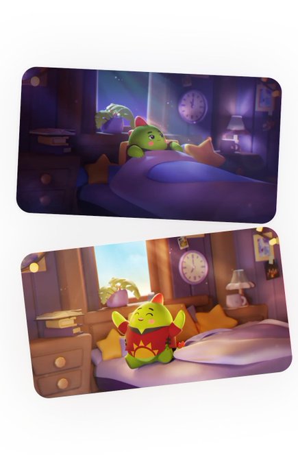 Two illustrated scenes show a small green dragon-like character with a red belly going to bed at night and then waking up happily in a cozy bedroom setting.