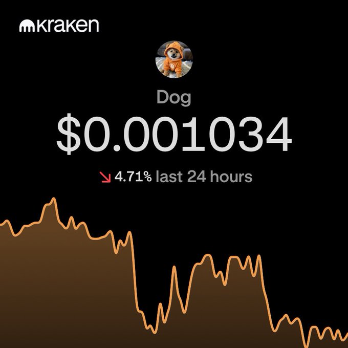 A Kraken cryptocurrency app screenshot showing the price of "Dog" at $0.001034, with a red downward arrow indicating a 4.71% decrease in the last 24 hours.