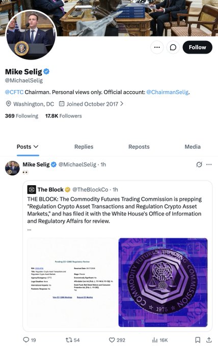 The image shows a tweet from a personal X account of @MichaelSelig (Mike Selig), Chair of the CFTC, sharing "personal views only" while quoting a post from @TheBlockCo about the CFTC preparing its "Regulation Crypto Asset Transactions and Regulation Crypto Asset Markets" rules for White House OIRA review, accompanied by an image of the CFTC's 1975 seal. This relates directly to the accompanying commentary questioning whether Selig's use of a "personal views" account to publicly amplify crypto regulatory news reflects a bullish signal for the industry or raises concerns about regulatory leadership doubling as a crypto influencer.