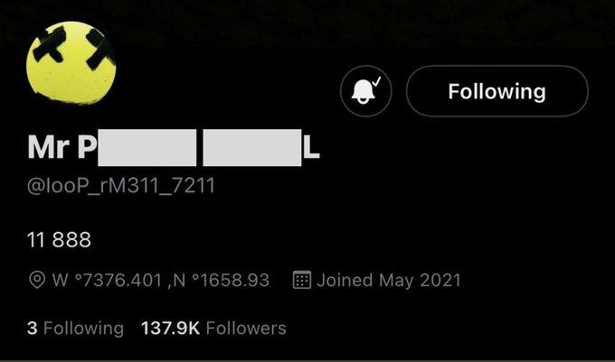 A Twitter/X profile page for "Mr P" (@looP_rM311_7211) displaying 11,888 tweets, 137.9K followers, and a location at coordinates W 7376.401, N 1658.93, joined May 2021. The profile's "11 888" tweet count and handle visually reference the post's mention of "Mr Pool's 888."