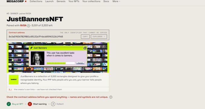 A web page screenshot of 'MEGACORP' displaying the 'JustBannersNFT' collection, noting it is 'Paired with NVDA' with '3,001 of 3,333 left'.