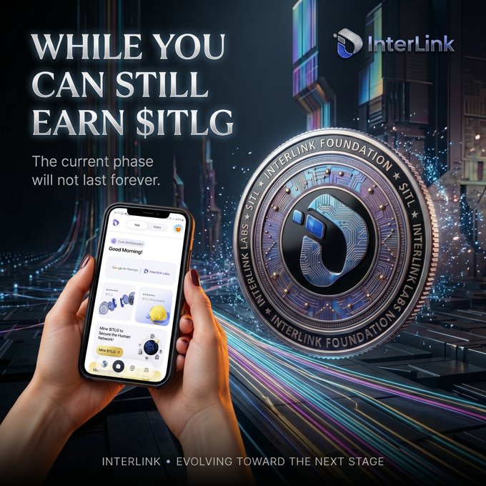 A cryptocurrency advertisement for InterLink featuring the text 'WHILE YOU CAN STILL EARN $ITLG', showing a hand holding a smartphone next to a large digital coin displaying the project's logo.