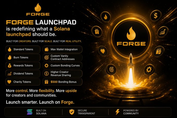 The image features a poster or banner that promotes the Forge Launchpad, which is an open-source platform designed for launching new projects using the Ethereum blockchain. The poster highlights the key features of the launchpad, such as its focus on what is in the image and how it relates to the post about the Forge Launchpad.

The poster includes various icons representing different aspects of the launchpad, including a rocket ship symbolizing the launchpad itself, a money sign indicating financial rewards or contributions, and a scale icon showing the importance of balance between creativity and scale. The text on the poster emphasizes that the platform is built for creators who want to build their projects in a real-world setting, with a focus on scalability and user experience.