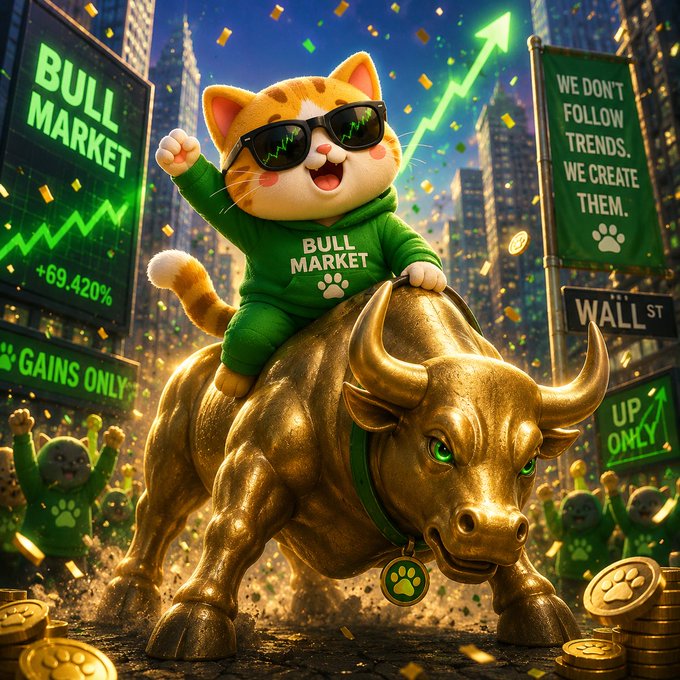 A cartoon cat wearing a green "BULL MARKET" hoodie and sunglasses rides a golden bull statue on Wall Street, surrounded by confetti, paw-print coins, and signs reading "BULL MARKET +69.420%," "GAINS ONLY," and "WE DON'T FOLLOW TRENDS. WE CREATE THEM." The image playfully aligns with the $KIPSEY meme post by combining cat mascot energy with bullish market imagery to hype the Cupsey companion token.