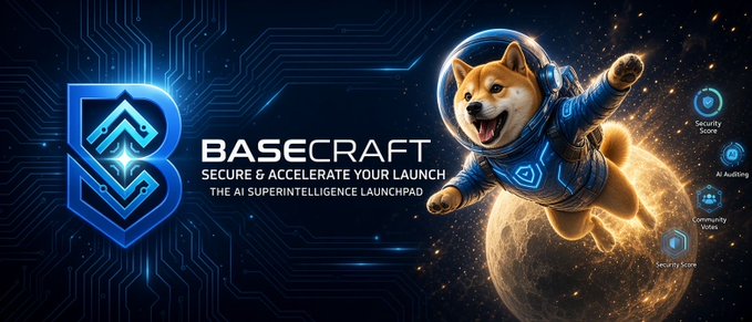 The image is a promotional banner for "BASECRAFT," tagged as "The AI Superintelligence Launchpad" with the tagline "Secure & Accelerate Your Launch," featuring a Shiba Inu wearing a futuristic space helmet and suit floating among cosmic elements, alongside icons for Security Score, AI Auditing, Community Votes, and Security Score. The accompanying post references BaseCraft (@basecraft_ai) launching an AI-powered token creation dApp on the Base network, aligning with the image's futuristic, AI-driven branding aimed at simplifying token launches without coding.