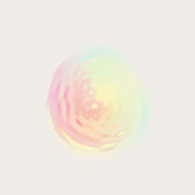 A soft, pastel-colored illustration of a planet or sphere in hues of pink, yellow, and green against a white background.
