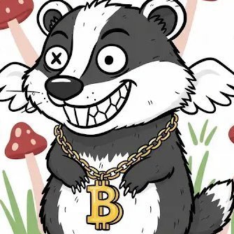 A cartoon badger with a manic grin, gold chain, and a "B" pendant stands in a forest of red mushrooms, embodying the $BADGER meme coin's chaotic and aggressive "unleashed" energy on Solana.