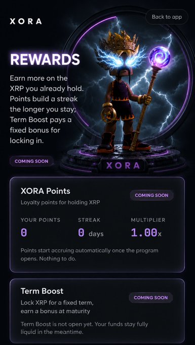The image displays a mobile app interface titled "XORA REWARDS" featuring a stylized wizard character with glowing blue eyes holding a staff, alongside text explaining that the platform offers Points streaks for longer holding and Term Boost for locking in XRP. Below the header, two sections show "XORA Points" (currently 0 with a 1.00x multiplier) and "Term Boost," both marked "COMING SOON," directly supporting the post's message about upcoming ways to earn on held XRP without active trading.