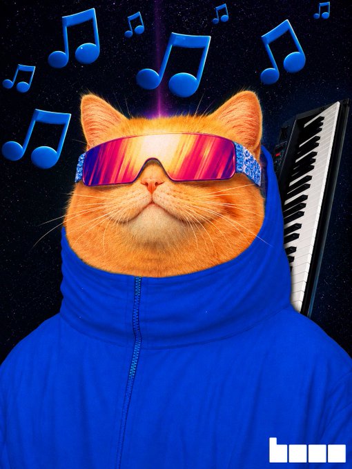 A vibrant illustration shows an orange cat wearing a blue hoodie and colorful ski goggles, surrounded by blue music notes and a keytar against a starry background.